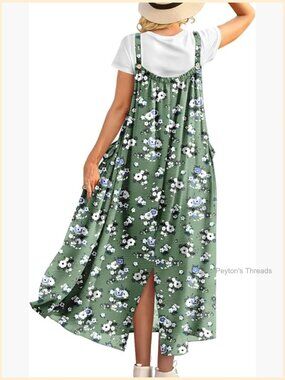 Women's Boho Floral Maxi Jumper Dress with Pockets, Back Slit, Adjustable Straps